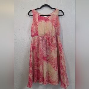 Anthropologie Postmark Rosy Plumes Pink and Cream Silk Sleeveless Dress